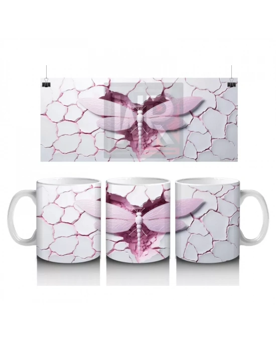 Pembe Kırık Zemin Üzerinde Detaylı Yusufçuk Kanatları - Baskılı kahve kupası