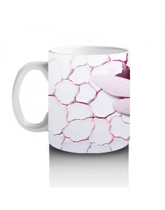 Pembe Kırık Zemin Üzerinde Detaylı Yusufçuk Kanatları - Baskılı kahve kupası