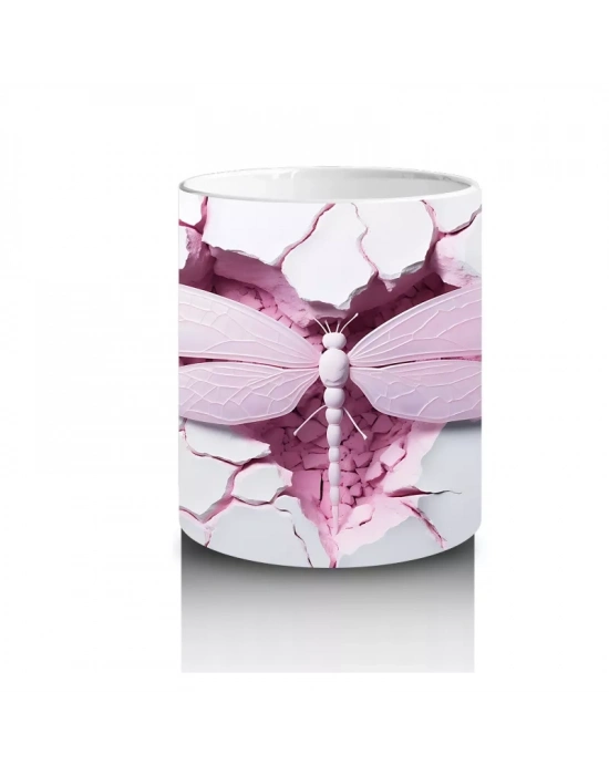 Pembe Kırık Zemin Üzerinde Detaylı Yusufçuk Kanatları - Baskılı kahve kupası