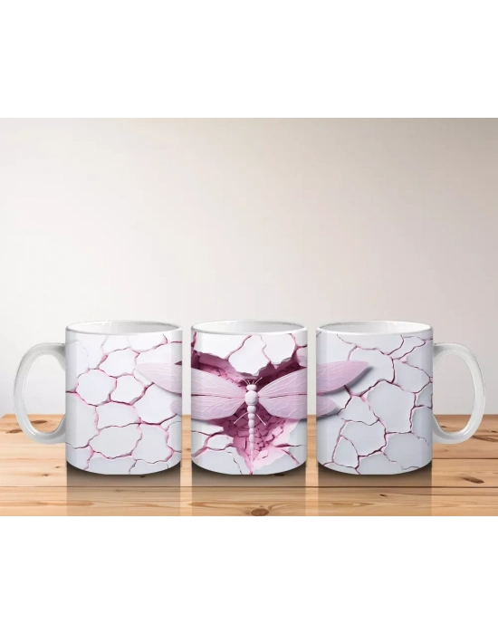 Pembe Kırık Zemin Üzerinde Detaylı Yusufçuk Kanatları - Baskılı kahve kupası