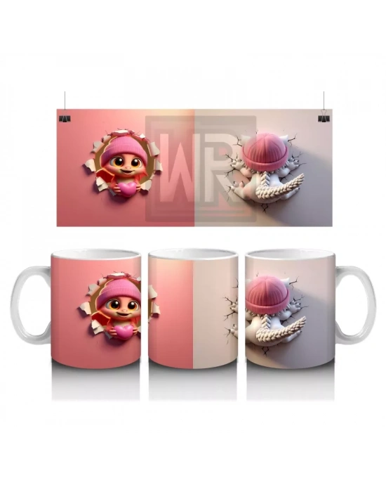 Pembe Kostümlü Kız Maskot ve Ponponlu Bere – Baskılı Kahve Kupası