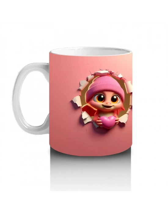 Pembe Kostümlü Kız Maskot ve Ponponlu Bere – Baskılı Kahve Kupası