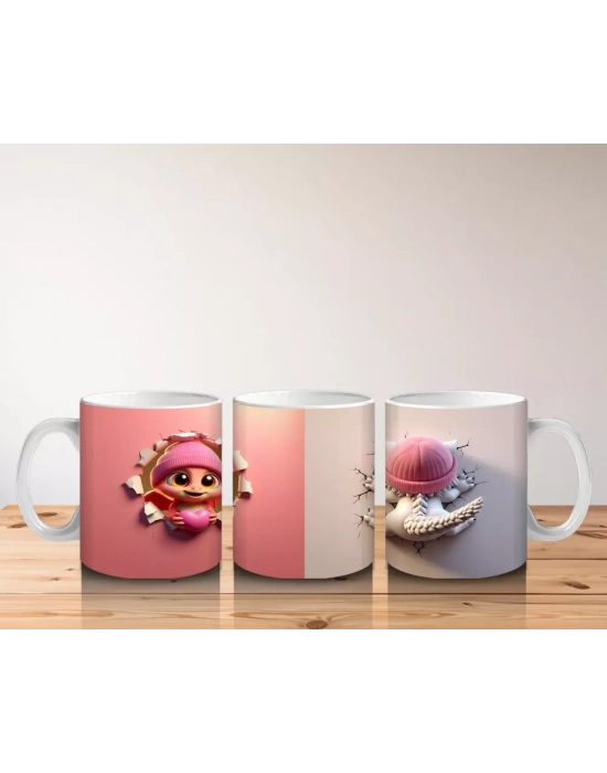 Pembe Kostümlü Kız Maskot ve Ponponlu Bere – Baskılı Kahve Kupası