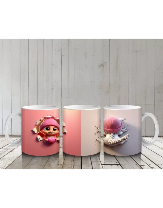 Pembe Kostümlü Kız Maskot ve Ponponlu Bere – Baskılı Kahve Kupası