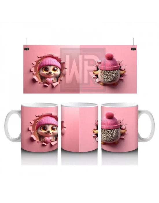 Pembe Kostümlü Sevimli Kirpi Kız Maskot – Baskılı Kahve Kupası