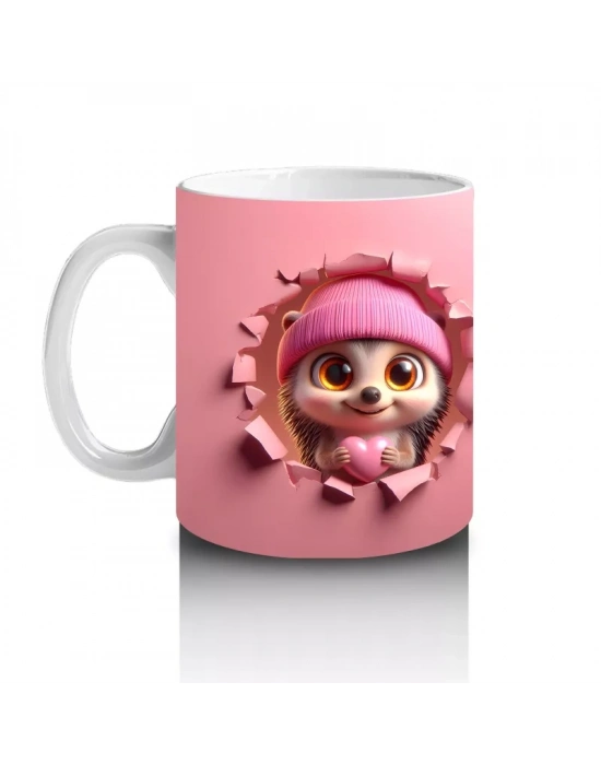 Pembe Kostümlü Sevimli Kirpi Kız Maskot – Baskılı Kahve Kupası