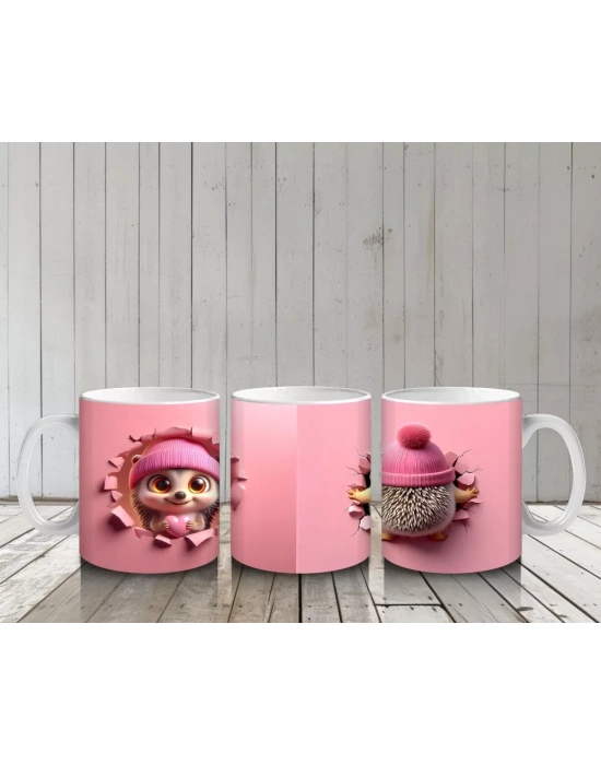 Pembe Kostümlü Sevimli Kirpi Kız Maskot – Baskılı Kahve Kupası