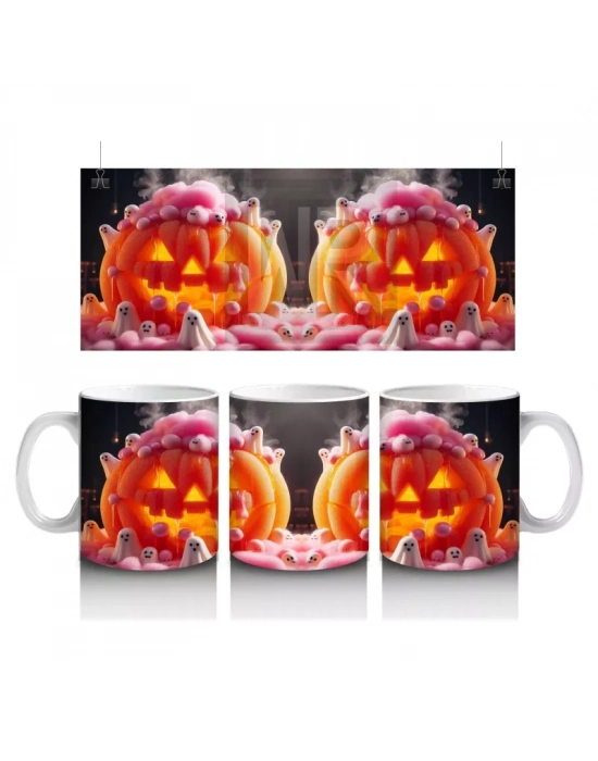 Pembe Krema ve Gözlerle Süslenmiş Balkabağı Figürlü Eğlenceli Cadılar Bayramı Baskılı Kupa Bardak