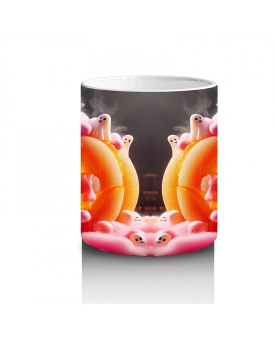 Pembe Krema ve Gözlerle Süslenmiş Balkabağı Figürlü Eğlenceli Cadılar Bayramı Baskılı Kupa Bardak