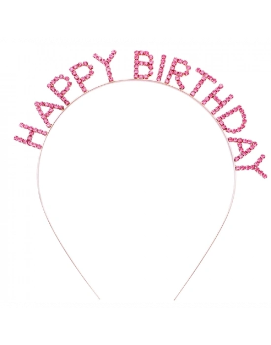 Pembe Kristal Taşlı Gold Happy Birthday Taçı