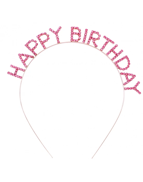 Pembe Kristal Taşlı Gold Happy Birthday Taçı