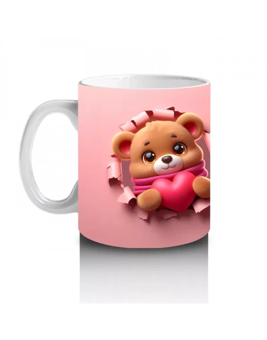 Pembe Kurdeleli Ayıcık Figürü ve Sırt Pozu – Baskılı Kahve Kupası