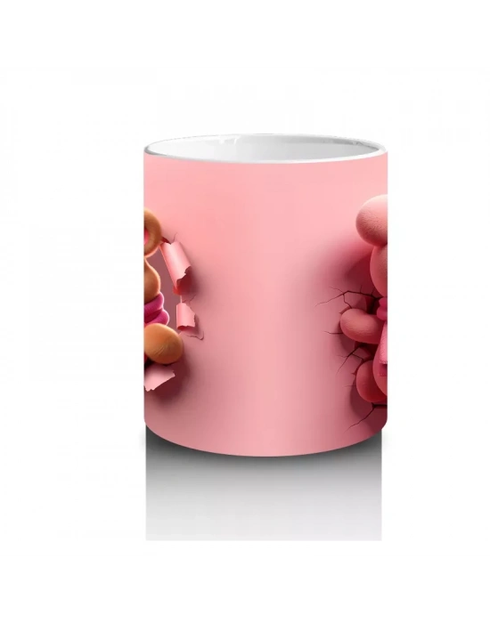 Pembe Kurdeleli Ayıcık Figürü ve Sırt Pozu – Baskılı Kahve Kupası