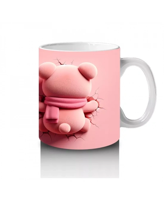 Pembe Kurdeleli Ayıcık Figürü ve Sırt Pozu – Baskılı Kahve Kupası