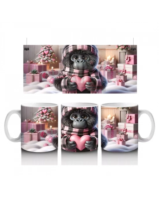 Pembe Kurdeleli Kalpli Figür Tutan Sevimli Maymun - Baskılı kahve kupası