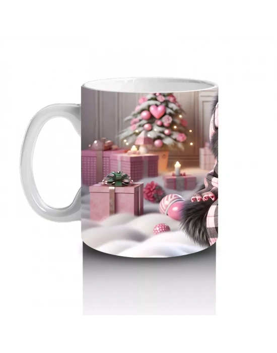 Pembe Kurdeleli Kalpli Figür Tutan Sevimli Maymun - Baskılı kahve kupası