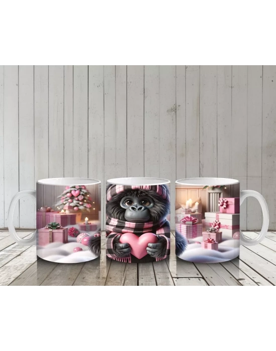 Pembe Kurdeleli Kalpli Figür Tutan Sevimli Maymun - Baskılı kahve kupası