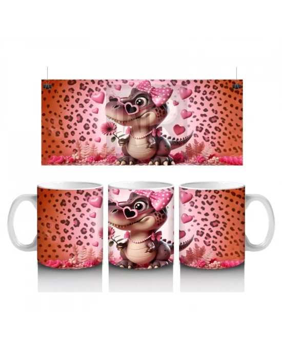 Pembe Kurdeleli Kalpli Gözlüklü Dinozor Deseni - Baskılı kahve kupası