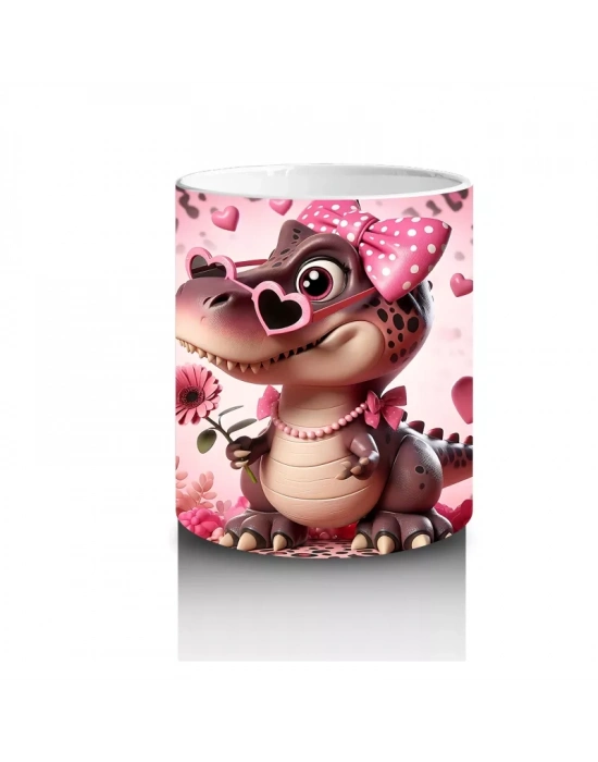 Pembe Kurdeleli Kalpli Gözlüklü Dinozor Deseni - Baskılı kahve kupası