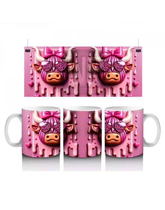 Pembe Kurdeleli Kalpli Gözlüklü İnek Tasarımı - Baskılı kahve kupası