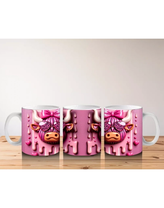 Pembe Kurdeleli Kalpli Gözlüklü İnek Tasarımı - Baskılı kahve kupası