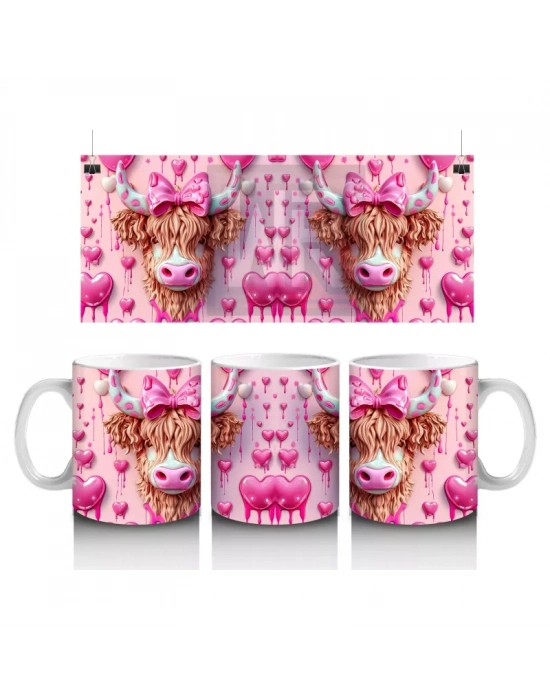 Pembe Kurdeleli Romantik İnek Deseni - Baskılı kahve kupası