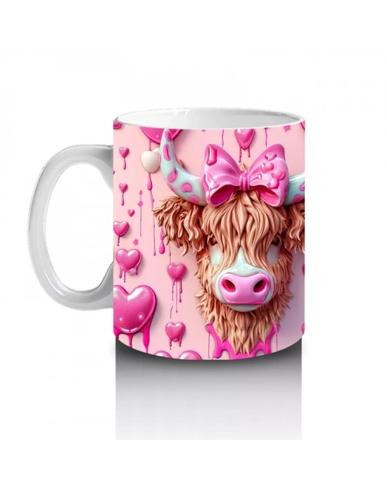 Pembe Kurdeleli Romantik İnek Deseni - Baskılı kahve kupası