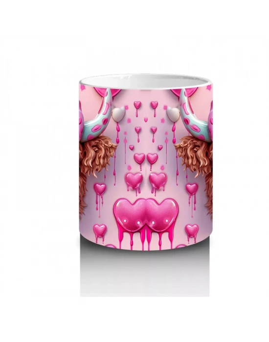 Pembe Kurdeleli Romantik İnek Deseni - Baskılı kahve kupası