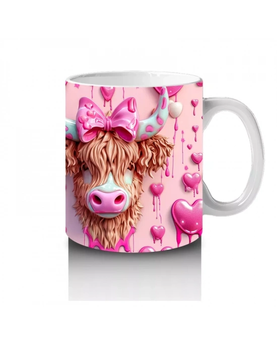 Pembe Kurdeleli Romantik İnek Deseni - Baskılı kahve kupası