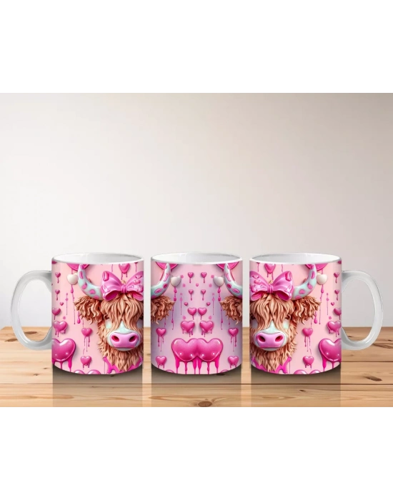 Pembe Kurdeleli Romantik İnek Deseni - Baskılı kahve kupası