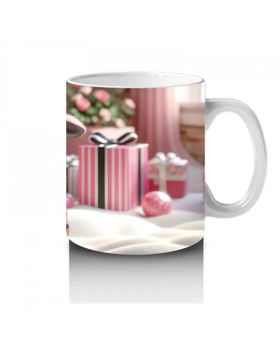 Pembe Kurdeleli Sevimli Kuzu Maskotu – Baskılı Kahve Kupası