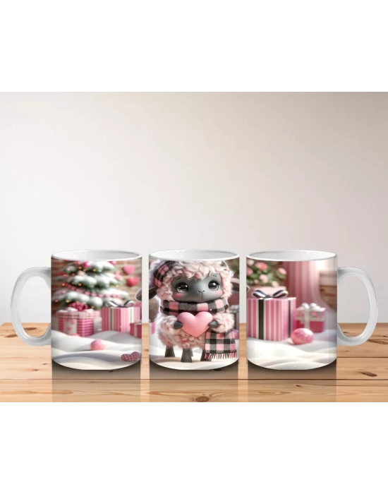Pembe Kurdeleli Sevimli Kuzu Maskotu – Baskılı Kahve Kupası