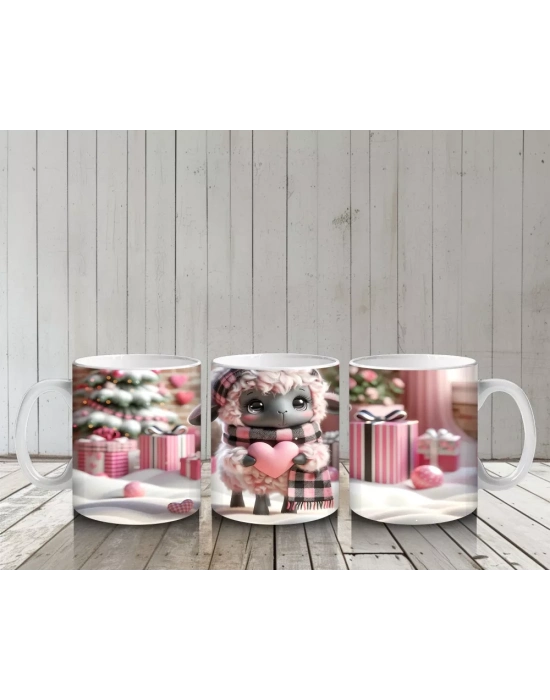 Pembe Kurdeleli Sevimli Kuzu Maskotu – Baskılı Kahve Kupası