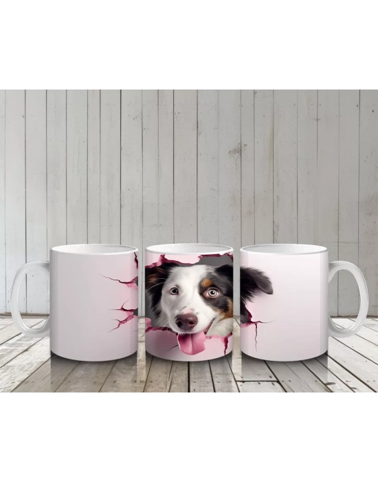 Pembe Kurdeleyle Süslenmiş Duvar Arasında Avustralyan Çoban Köpeği - Baskılı kahve kupası