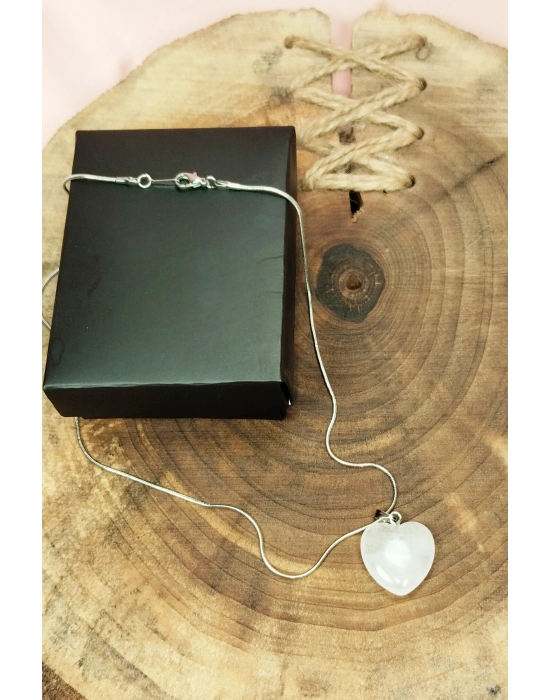 Pembe Kuvars Doğal Taşı Zincirli El Yapımı Kolye Uç: 2 cm Zincir: 20 cm Kutulu