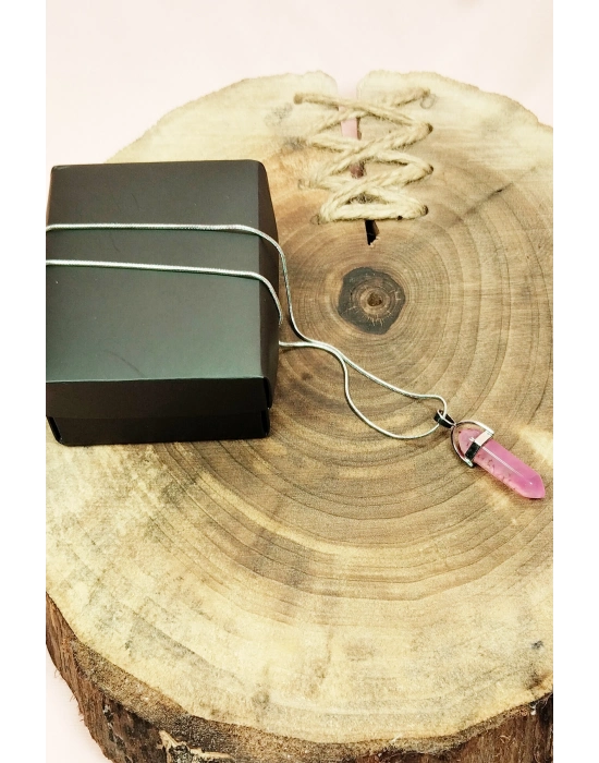 Pembe Kuvars Doğal Taşı Zincirli El Yapımı Tasarımlı Kolye Uç: 3,5 cm Zincir: 20 cm Kutulu