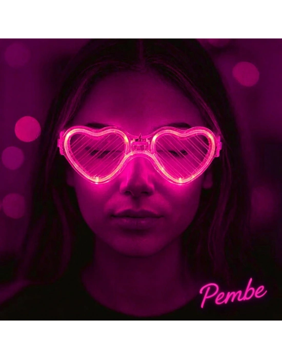 Pembe Led Işıklı Kalp Gözlük – 3 Modlu Parti & Glow Gözlüğü