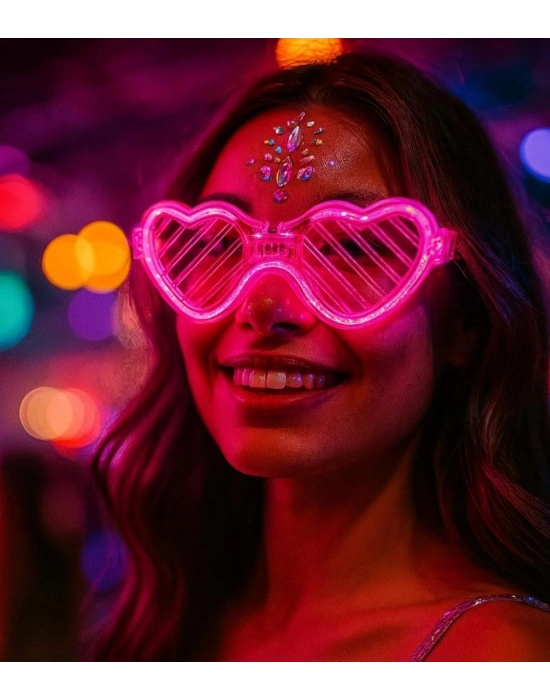 Pembe Led Işıklı Kalp Gözlük – 3 Modlu Parti & Glow Gözlüğü