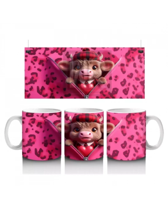 Pembe Leopar Desenli Arka Planda Romantik Ayıcık – Baskılı Kahve Kupası