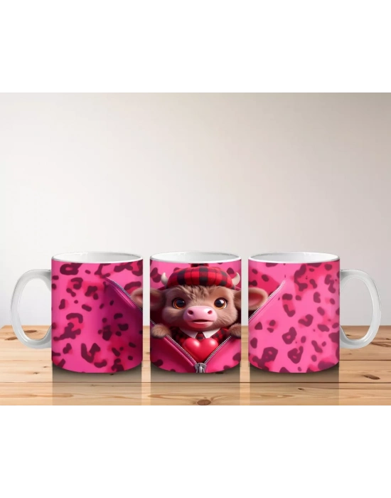 Pembe Leopar Desenli Arka Planda Romantik Ayıcık – Baskılı Kahve Kupası