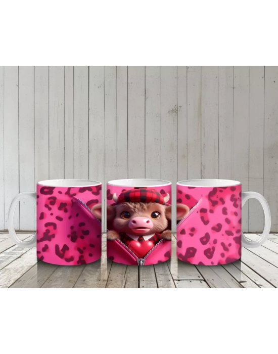 Pembe Leopar Desenli Arka Planda Romantik Ayıcık – Baskılı Kahve Kupası