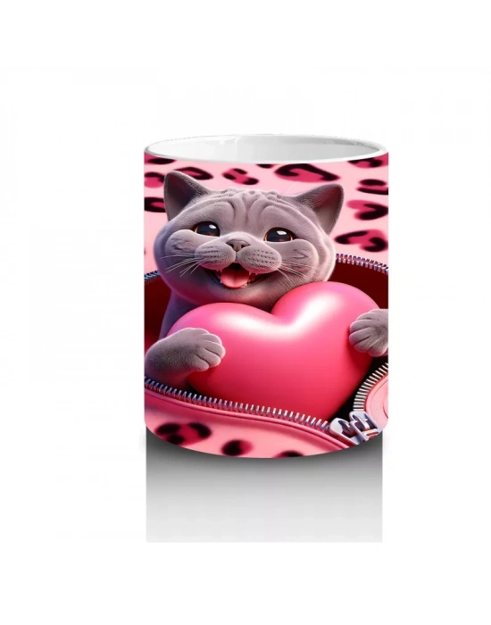 Pembe Leopar Desenli Fon Üzerinde Kalpli Kedi – Baskılı Kahve Kupası