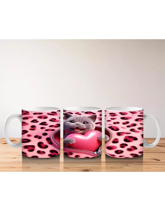 Pembe Leopar Desenli Fon Üzerinde Kalpli Kedi – Baskılı Kahve Kupası