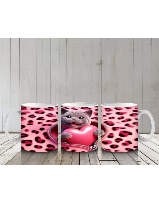 Pembe Leopar Desenli Fon Üzerinde Kalpli Kedi – Baskılı Kahve Kupası