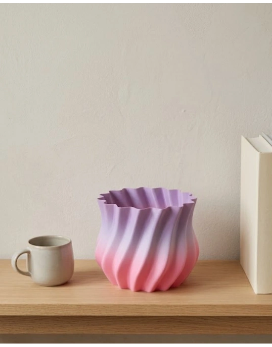 Pembe Lila Degrade Kıvrımlı 3D Vazo Estetik Ev Ofis Dekoru