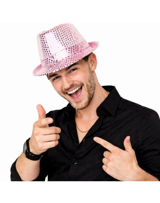 Pembe Payetli Disco Parti Şapkası Yetişkin Işıltılı Fötr Model