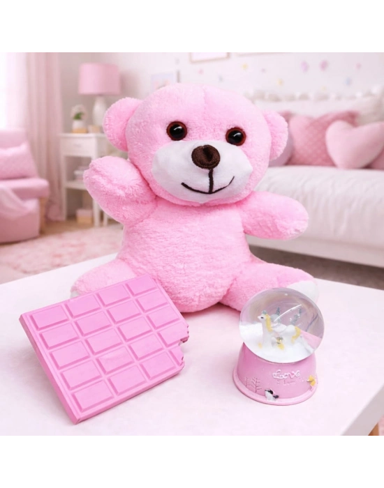 Pembe Peluş Ayıcık, Kar Küresi Ve Pembe Çikolata Not Defteri Hediye Seti