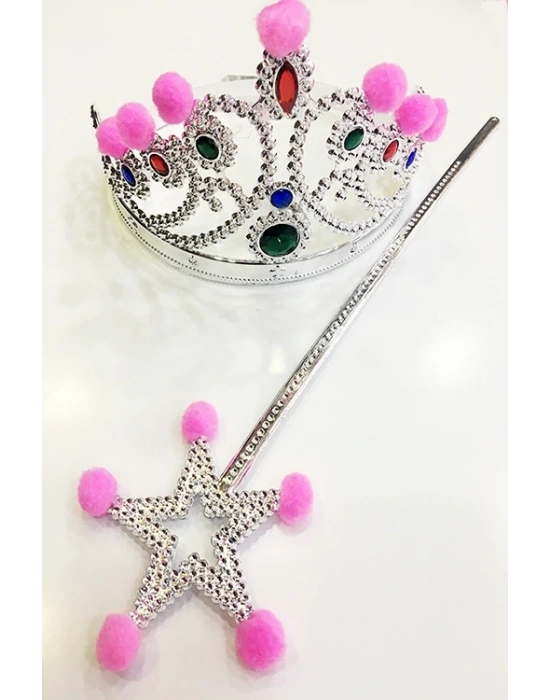 Pembe Ponponlu Gümüş Renk Prenses Tacı Ve Gümüş Renk Prenses Asası