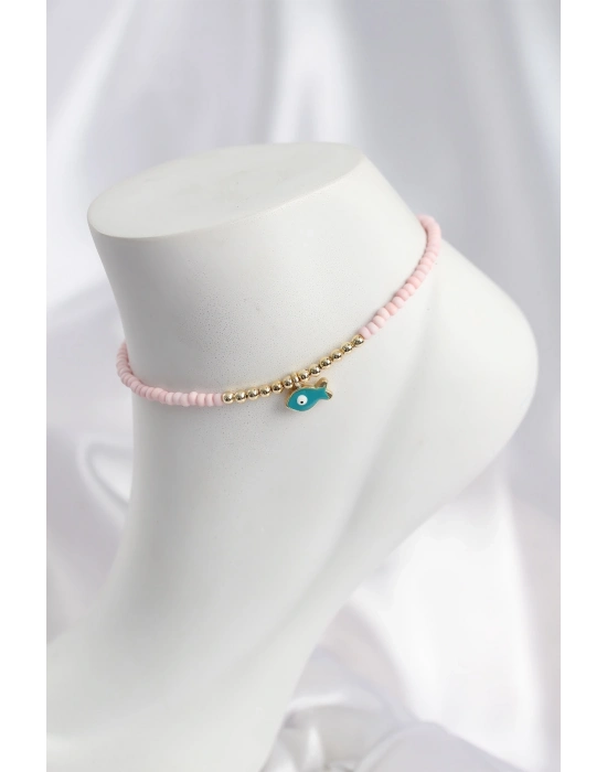 Pembe Renk Boncuklu Balık Figürlü Halhal