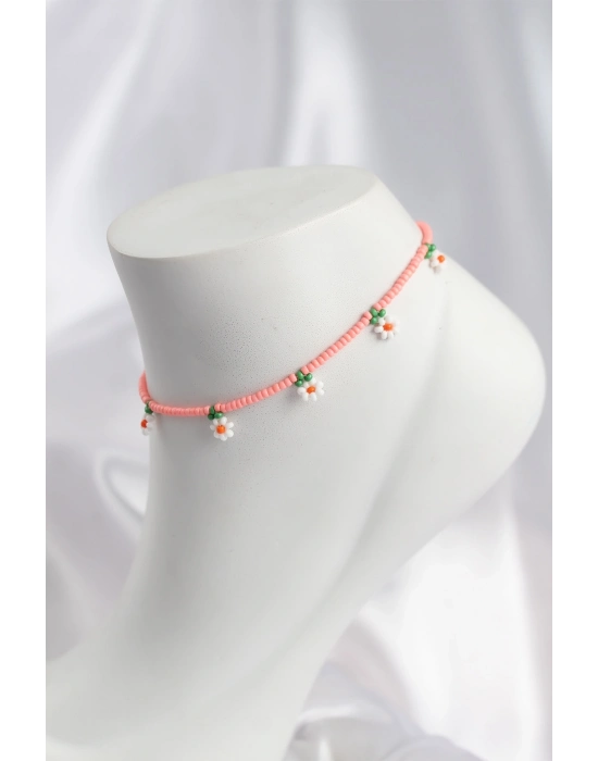 Pembe Renk Boncuklu Papatya Motifli Halhal